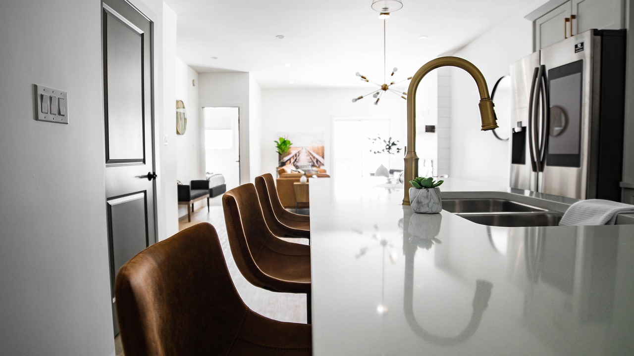 Modern kitchen interior with stainless steel fridge
